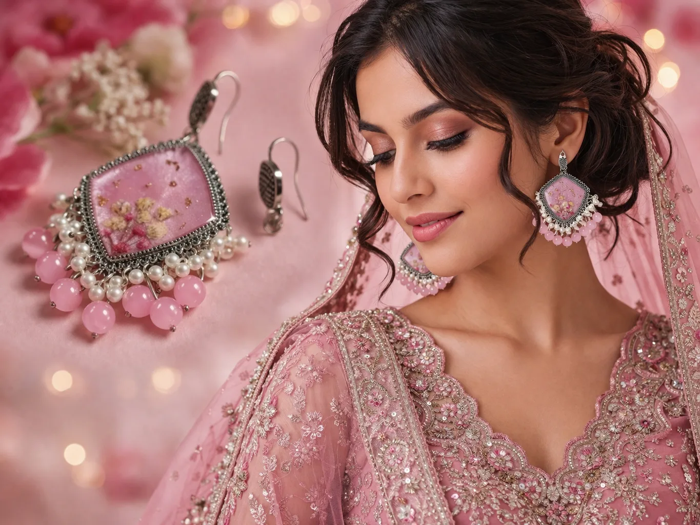 Woman in a Pink Embroidered Outfit Wearing Large Pink and Pearl Earrings Looking Down in a Soft Glamorous Portrait  Bling On