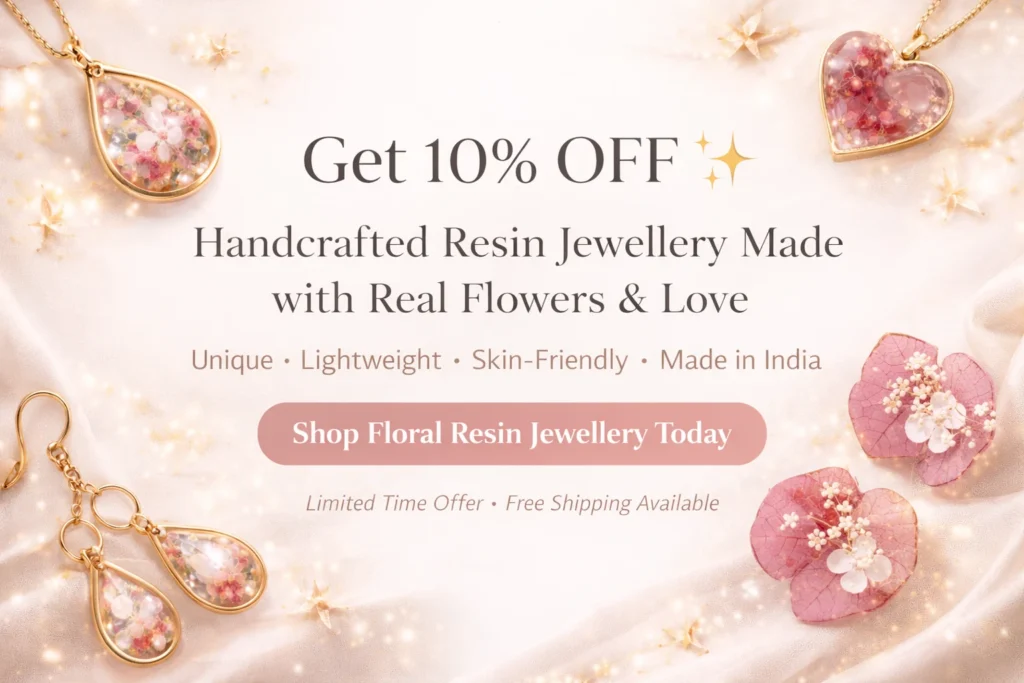 Promotional banner for handcrafted resin jewellery with real flowers; gold teardrop earrings and heart pendants frame the text: 'Get 10% OFF' and 'Shop Floral Resin Jewellery Today'.