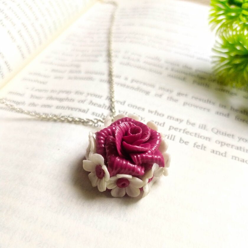 Maroon Red Flower Pendant with Chain