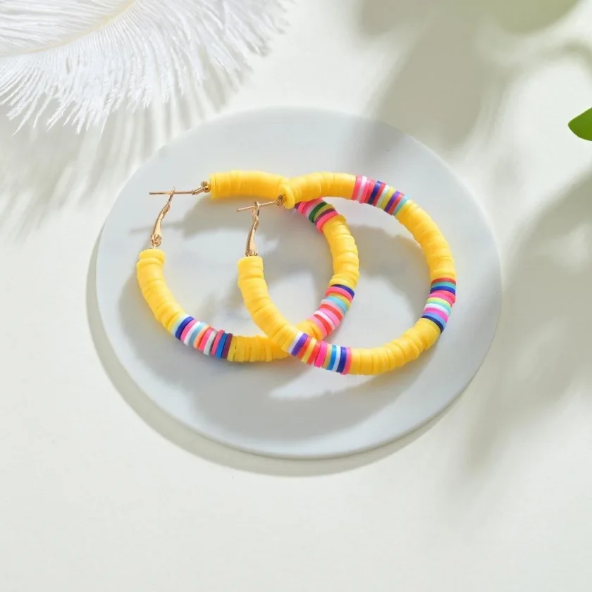 Handmade Big Round Hoop Earrings Bohemian Colourful-White color Vibrant yellow