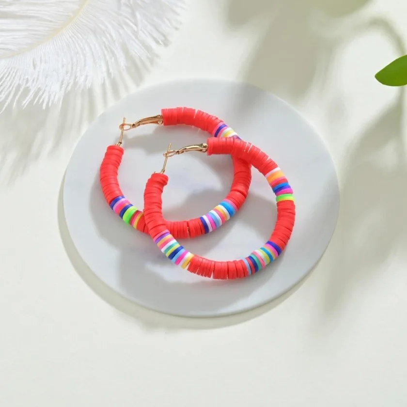 Handmade Big Round Hoop Earrings Bohemian Colourful-White color Vibrant Orange