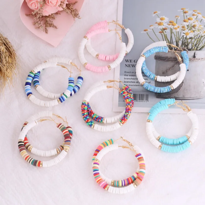 Handmade Big Round Hoop Earrings Bohemian Colourful Set of 3 Pairs