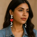 Dangle Drop Earrings Red Heart Cow Print Handmade Polymer Clay Earrings model wearing 2 • Bling On- Dangle-Drop-Earrings--Red-Heart-Cow-Print-Handmade-Polymer-Clay-Earrings-model-wearing-1.webp
