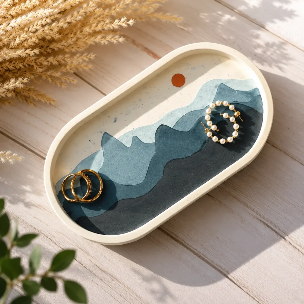 Decorative white tray with layered blue shapes, displaying gold rings and a pearl bracelet on a wooden surface.
