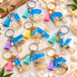 Ocean Blue and Sandy Beige Resin Alphabet Keychain with Embedded Seashells Metal Keyring and Decorative Tassel  Bling On