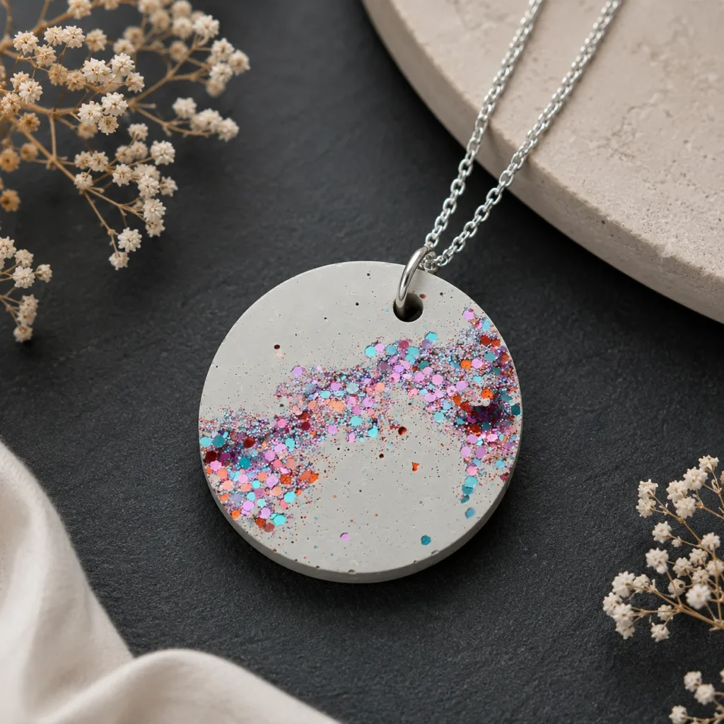 Round pendant necklace with a gray disk and multicolor glitter on a silver chain.