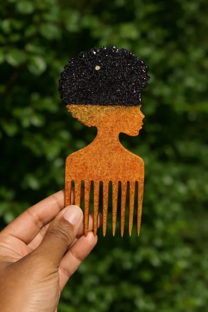 Afro-Girl-Resin-Hair-Pick-Comb--Handmade-Black-Gold-Wide-Tooth-Luxury-Hair-Accessory-for-Women