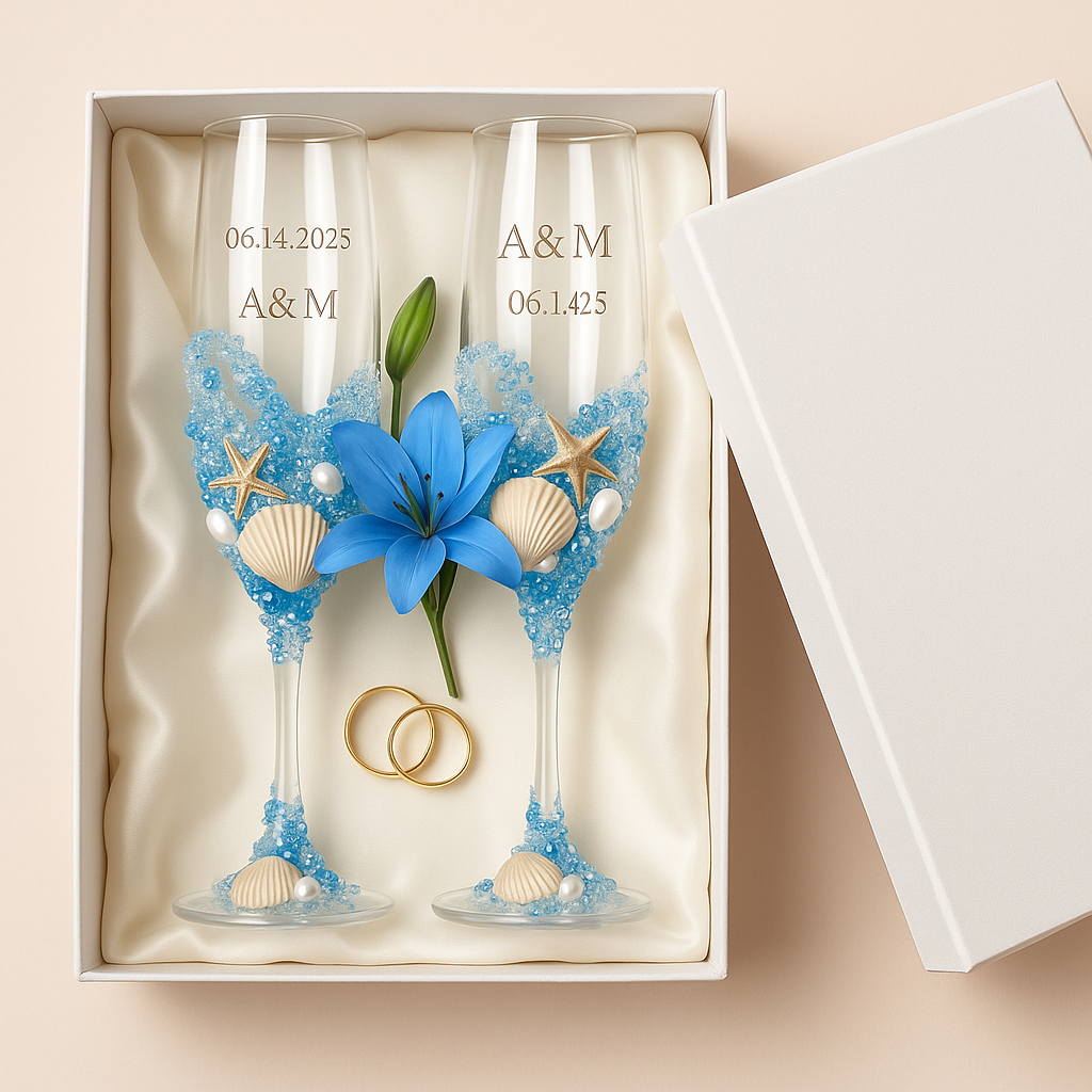Bling On Handmade Wedding Champagne Flute Set – Luxury Beach Vows in a Glass (6)