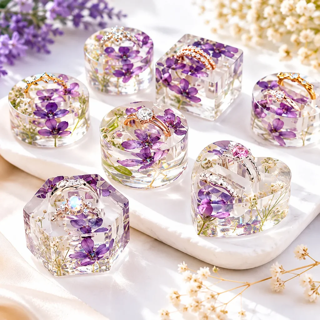 Assorted rings embedded in clear resin blocks with purple flowers, arranged on a white surface.