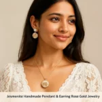 Jesmonite Handmade Pendant Rose Gold Earring Set Valentine Gift Luxury Jewelry from India 🇮🇳 • Bling On- Jesmonite-Handmade-Pendant-Rose-Gold-Earring-Set-Valentine-Gift-Luxury-Jewelry-from-India-🇮🇳 model wearing the earrin and pendant