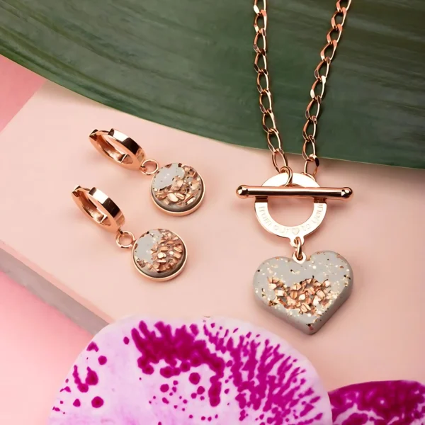 Jesmonite Heart-Shaped Handmade Pendant & Rose Gold Earrings Set Valentine Love Gift Trending