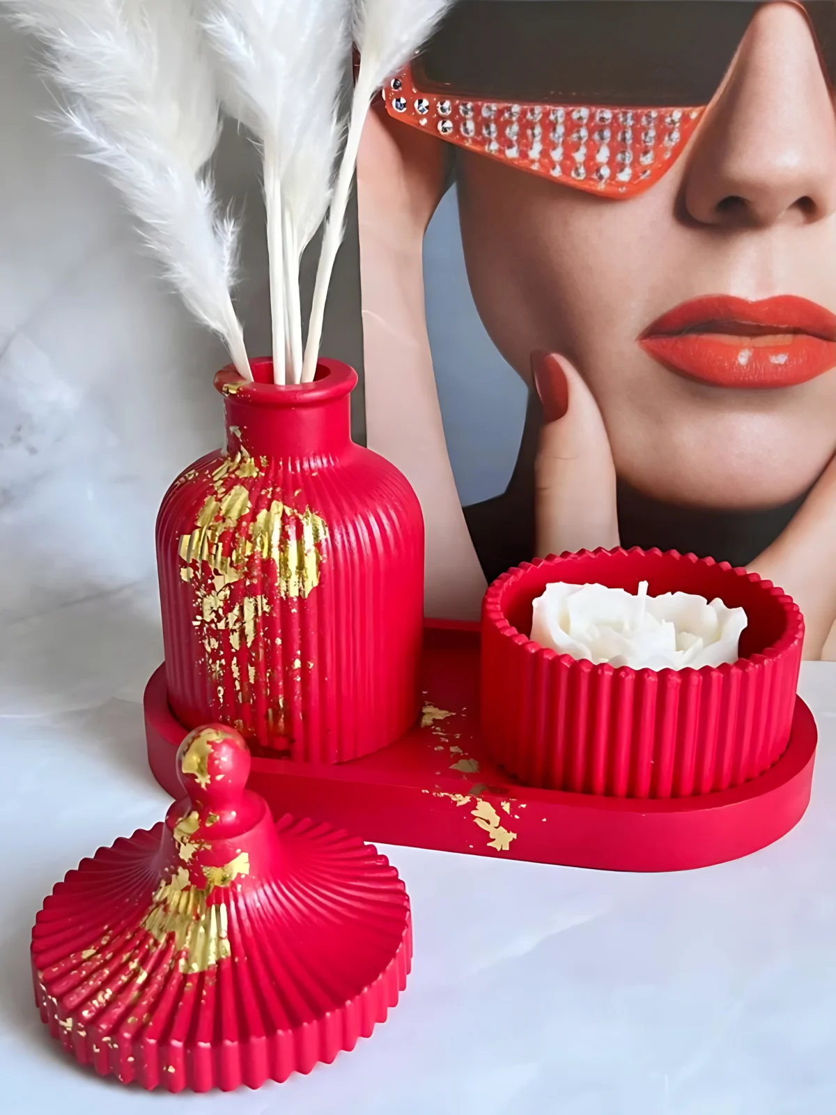 Jesmonite-Red-Oval-Tray-Decor-Candle-Set--Handmade-Diwali-Gifting-Trending-in-India-3-scaled.webp
