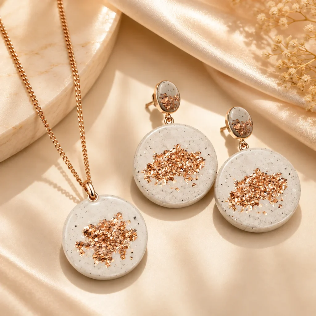 Jesmonite handmade pendant rose gold earring set valentine gift luxury jewelry from india  3  Bling On