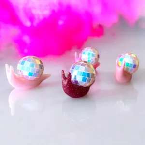 Snail Iridescent Disco Ball Mini Figurine – Handmade Resin Kawaii Sculpture Bling On