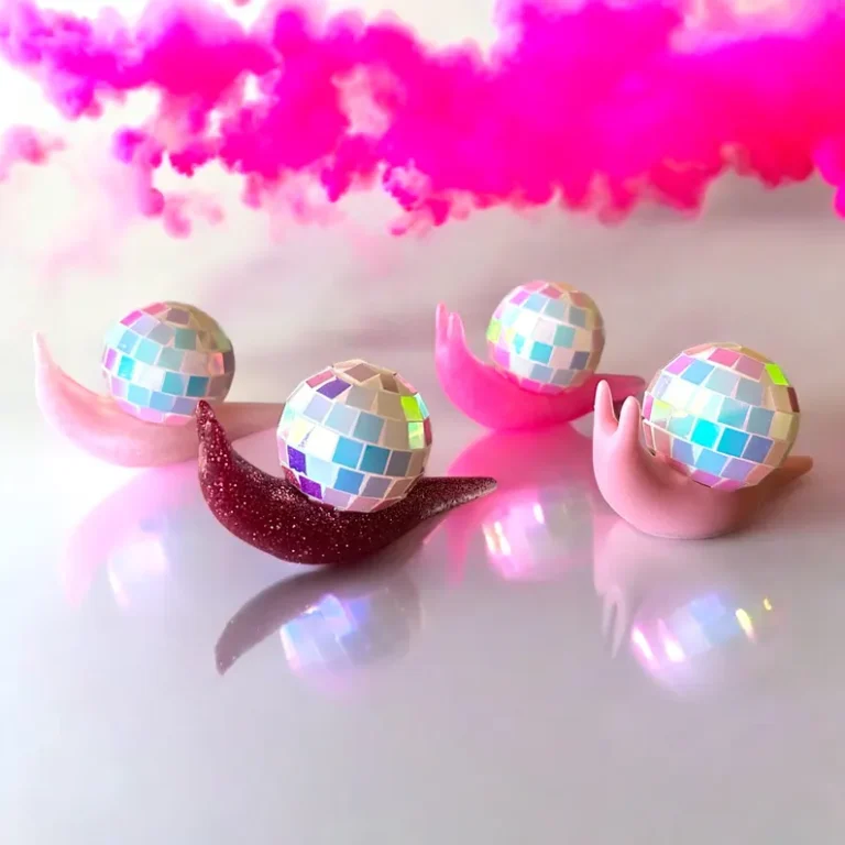 Snail Iridescent Disco Ball Mini Figurine – Handmade Resin Kawaii Sculpture Bling On