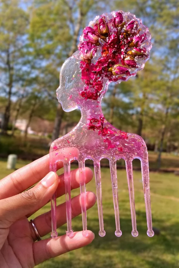 Pink Floral Afro Resin Hair Comb with Handle – Handmade Luxury Gift for Women
