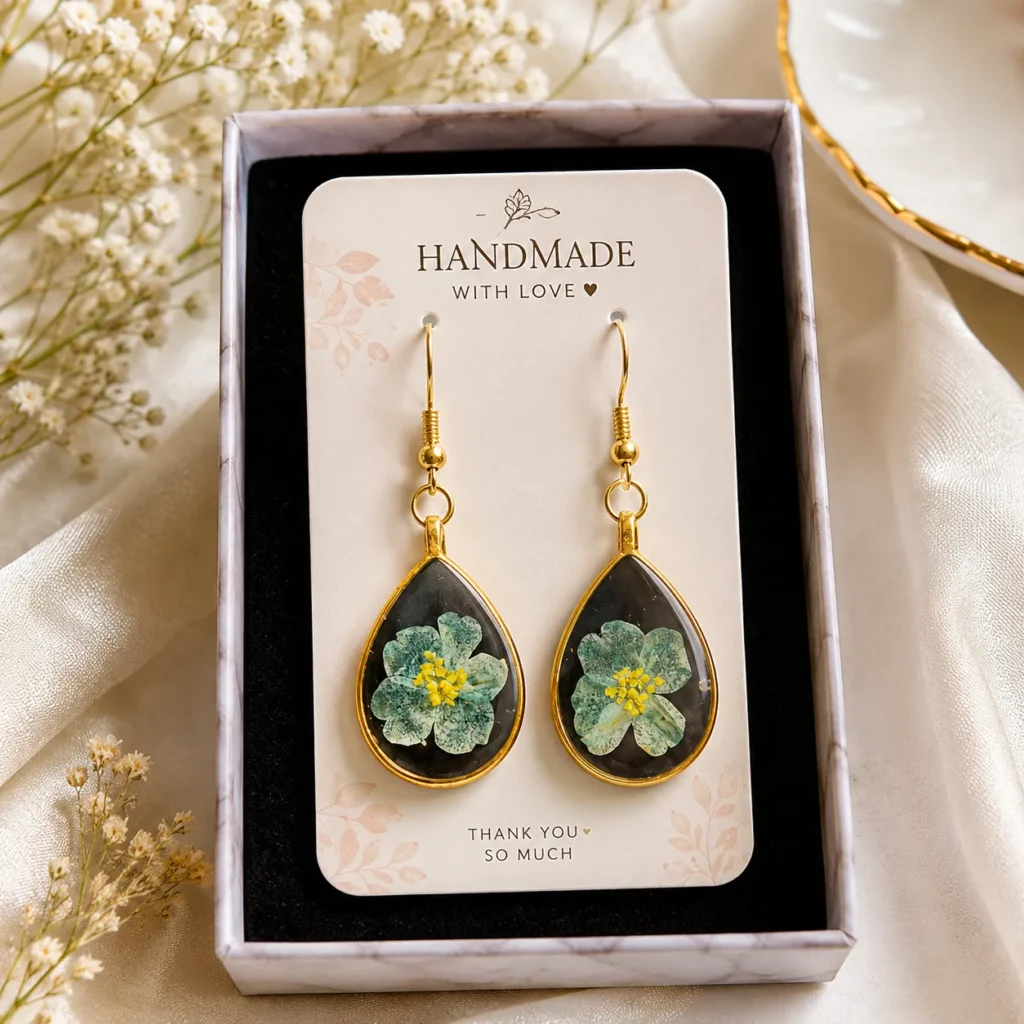 Gold Teardrop Earrings with a Green Floral Inlay on a Dark Background Displayed on a handmade with Love Card Inside a Jewelry Box  Bling On