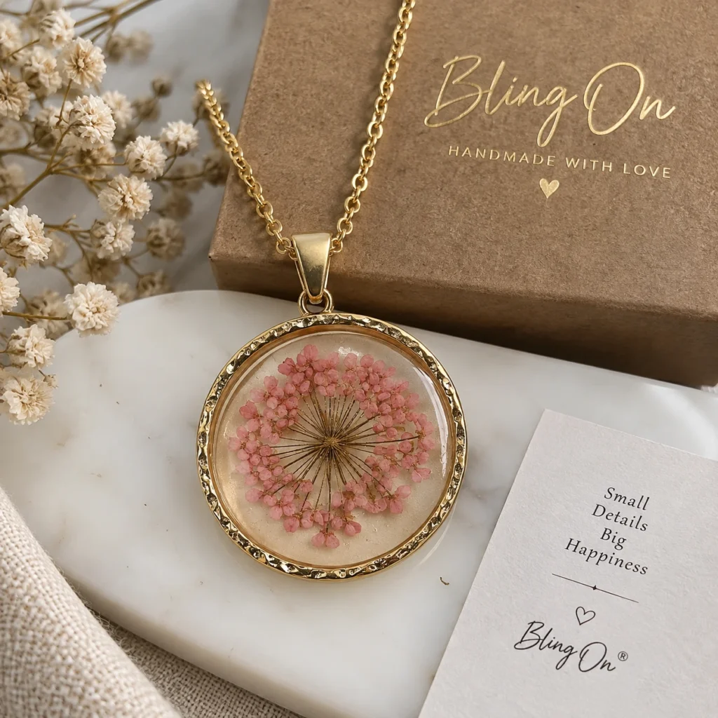 Bling on real pressed flower resin pendant product  Bling On