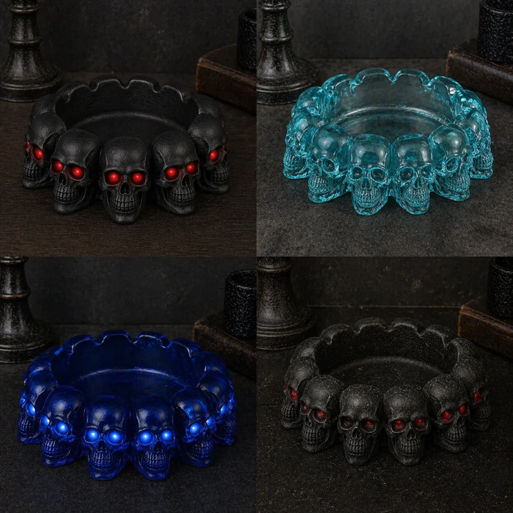 Collage of four skull-shaped bracelets in black with red eyes, teal, blue, and black on a dark surface.