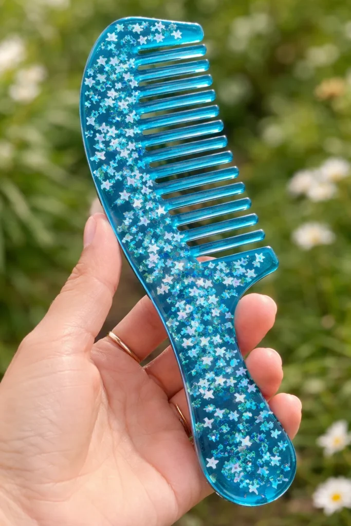 Starry Sky Blue Glitter Resin Hair Comb with Handle – Handmade Luxury Gift for Women 💙✨