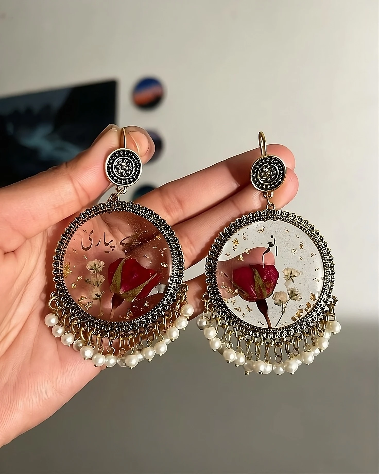 Bling On® Real Rose Resin Jhumka Earrings – Round Diamond Shapes