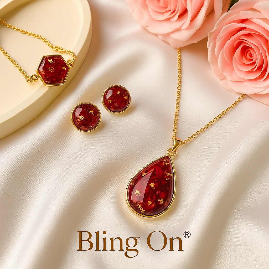 Bling On® Resin Necklace Set – Real Rose & Gold Foil Elegance set 0f 03 ...