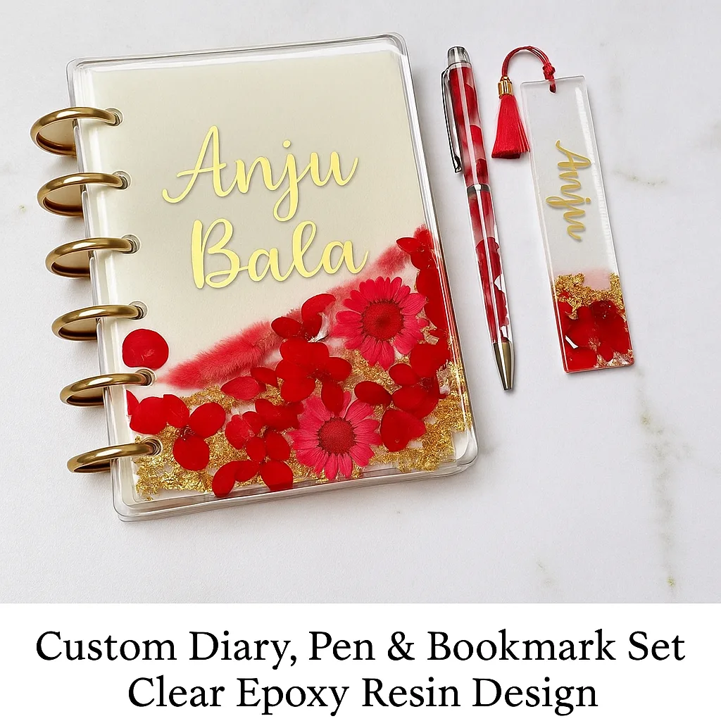 Bling On® Custom Resin Diary Set – Personalized with Bookmark & Pen India No.1 Handmade Gift for Stationery Lovers & Style Icons