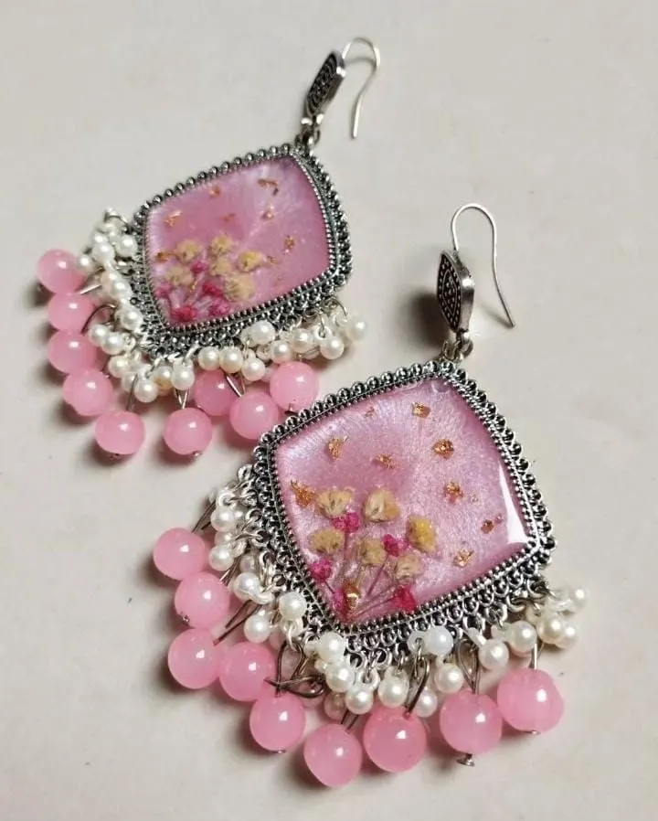 Bling On® Pink Floral Resin Jhumka Earrings – Handmade for Marriage & Special Functions ✨