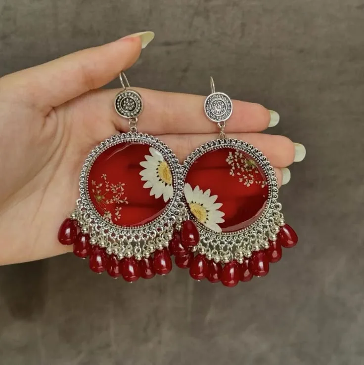 Bling-On®-Red-Resin-Jhumka--Real-Flower-Statement-Earrings-for-Glam-Queens-
