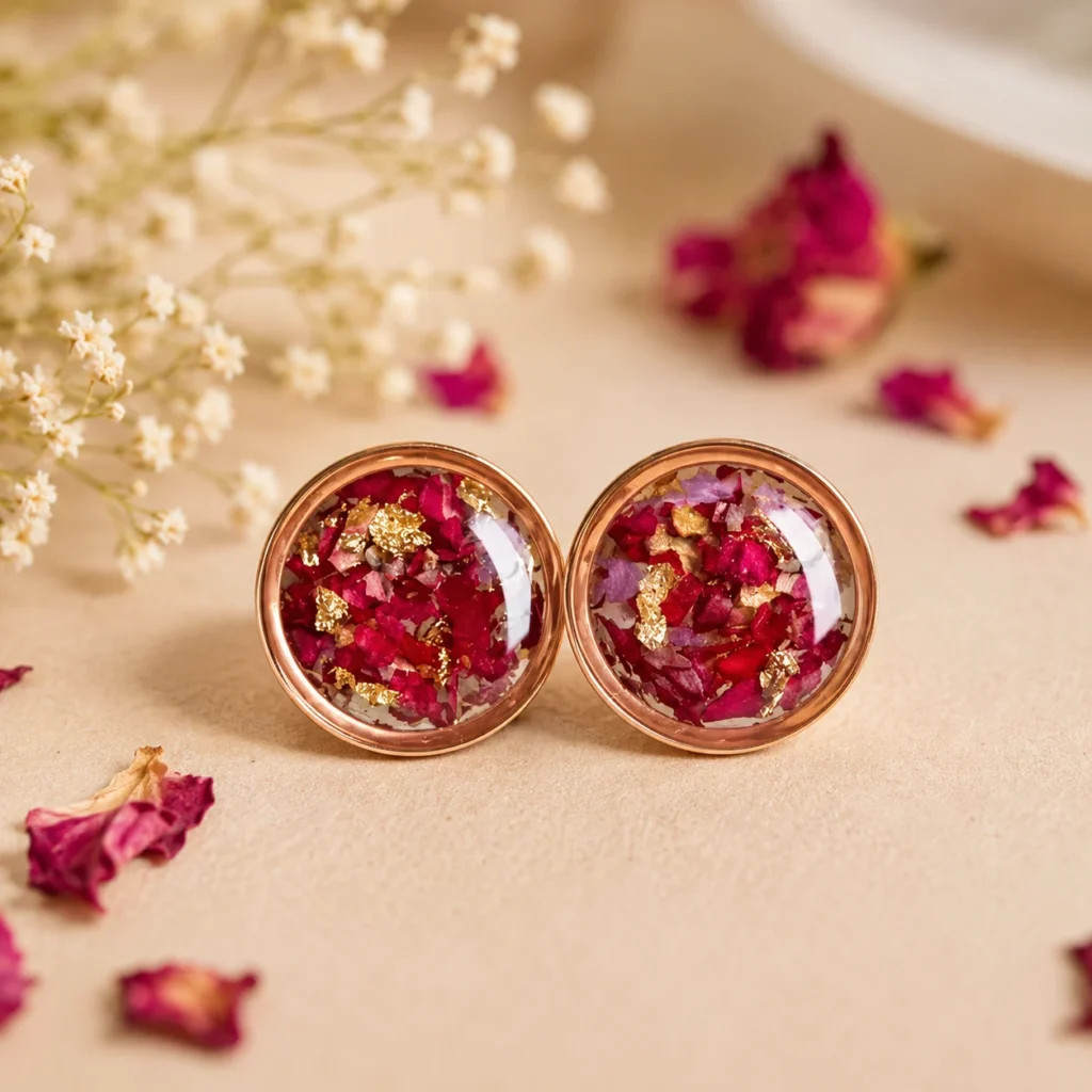 Two Small Round Copper Containers Filled with Pink Petals and Gold Leaf Flakes Set on a Beige Background with Dried Flowers Nearby  Bling On