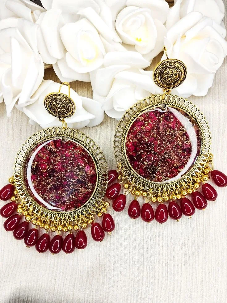 Bling On® Resin Jhumka Earrings – Maroon Gold Edition India No.1 Handmade Jewellery