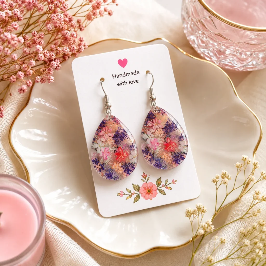Teardrop earrings with a pink-purple floral pattern on a white card that says Handmade with love.