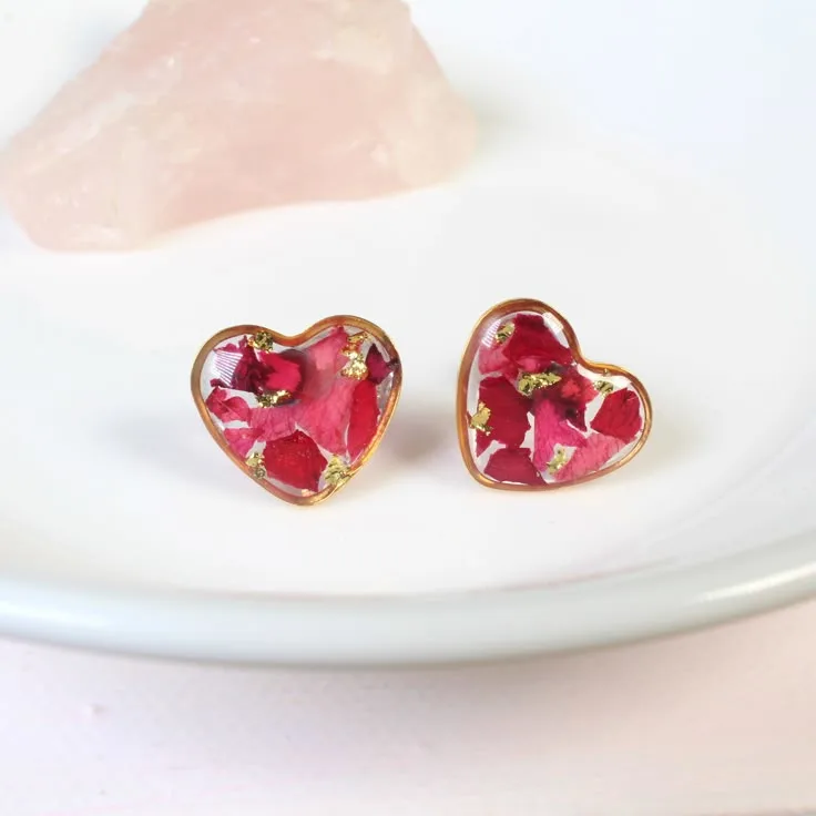 Rose-petal-heart-earrings-real-pressed-flower-studs-crushed-rose-petals-resin-silver-gold-Mothers-day-gift-for-her-heart-jewelry