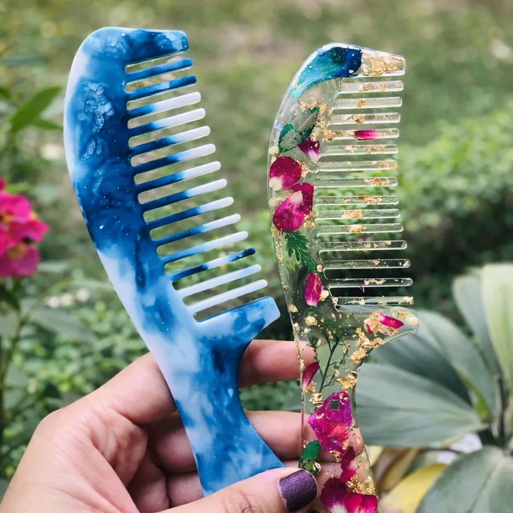 Handmade Floral Resin Hair Comb with Handle – Pink Blossom & Gold Flake Wedding, Valentine & Luxury Gift Edition  set of 02