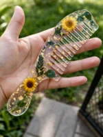 Handmade Sunflower Floral Resin Hair Comb with Handle – Gold Flake Luxury Gift for Women 
