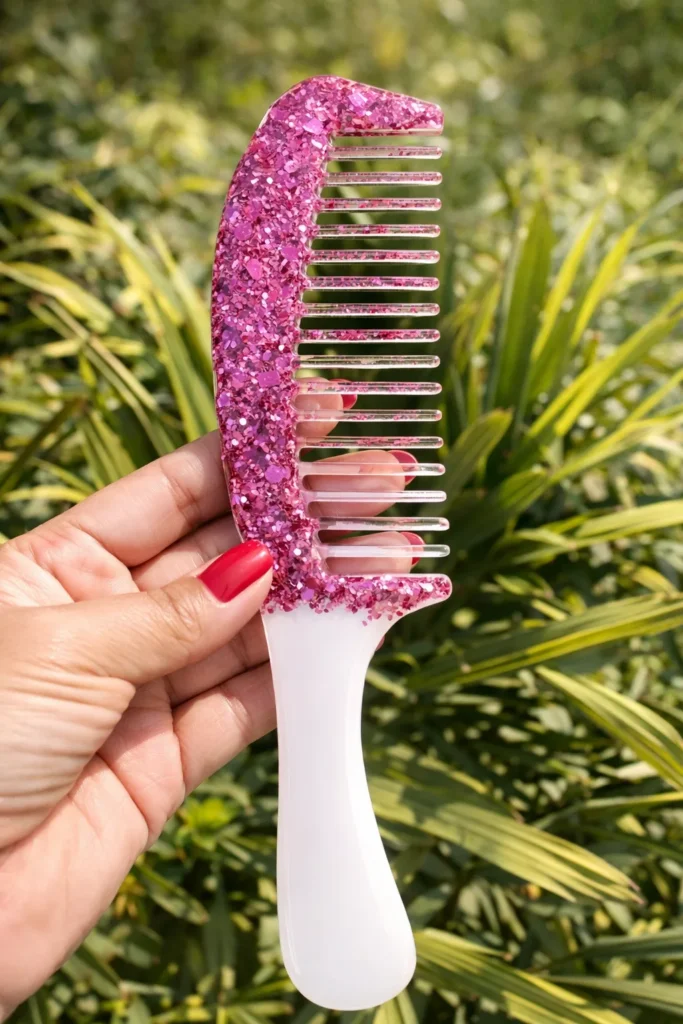 Personalized Pink Glitter Resin Hair Comb with White Handle – Handmade Luxury Gift for Women 💖