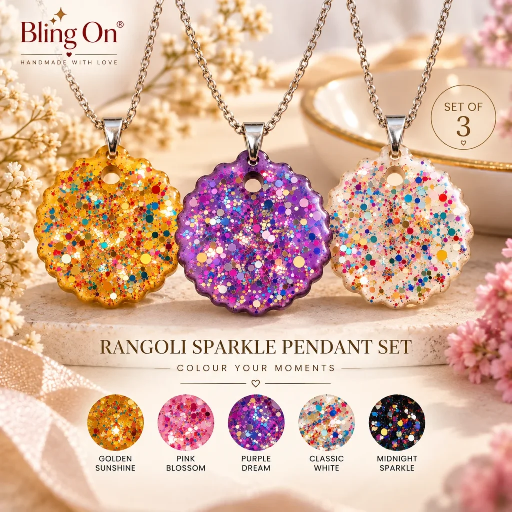 Three Colourful Handmade Resin Glitter Pendants from the Rangoli Sparkle Collection by Bling On®  Bling On