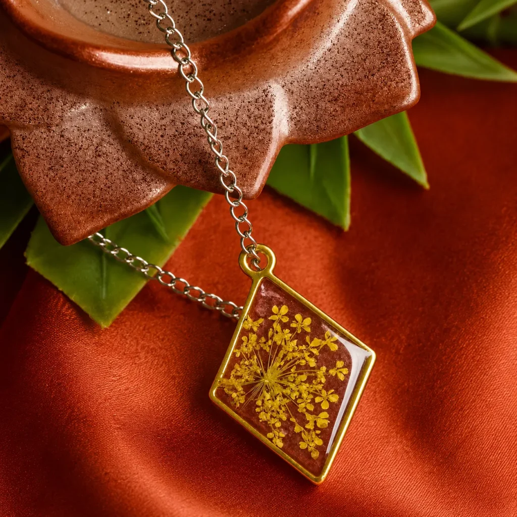 Gold square pendant necklace with a resin centerpiece containing dried yellow flowers on a chain, laid over red satin.