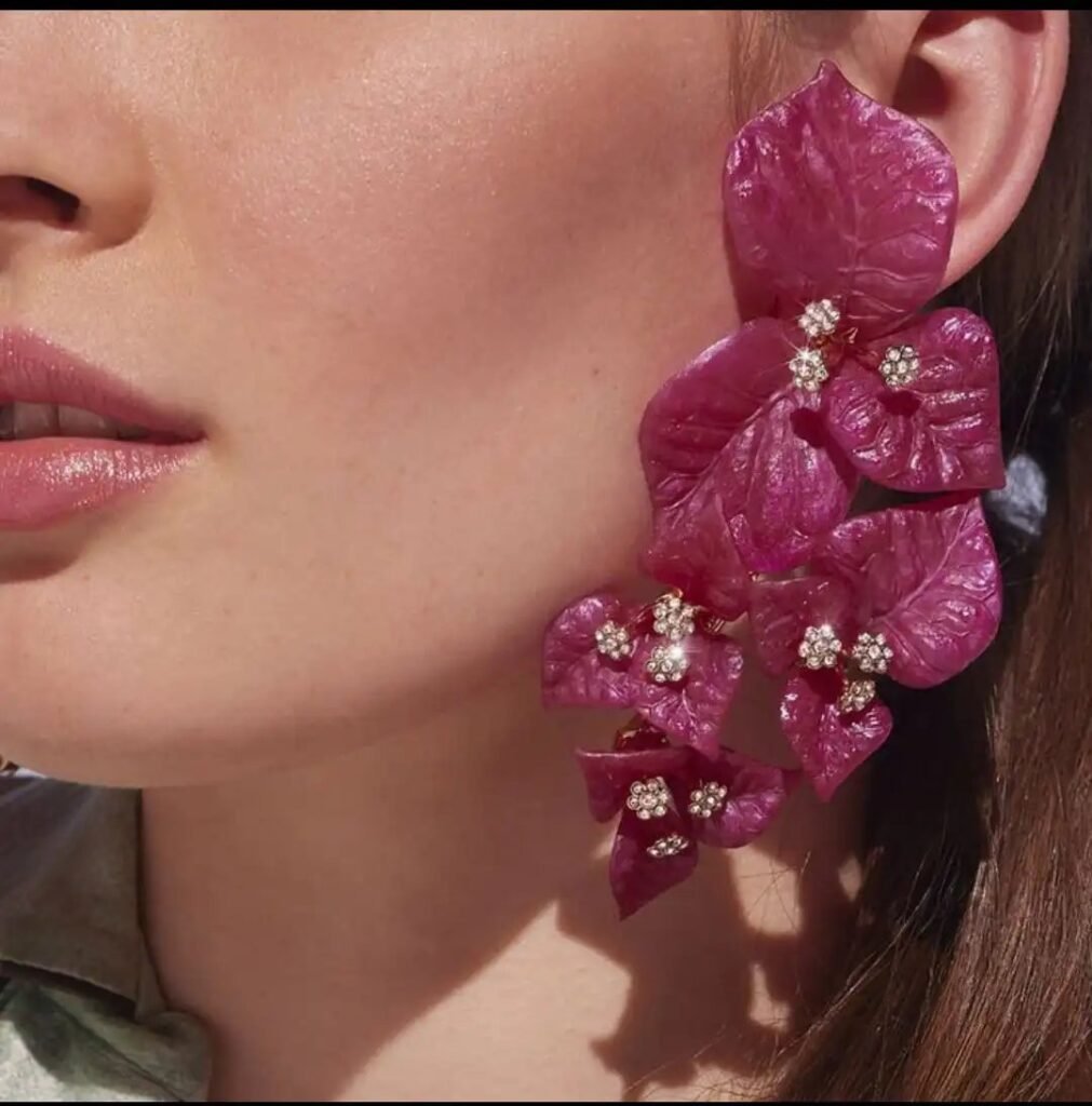 Bling On® Handmade Bougainvillea Bloom Statement Earrings – Premium Floral Resin Crystal Cluster Luxury Earrings for Women