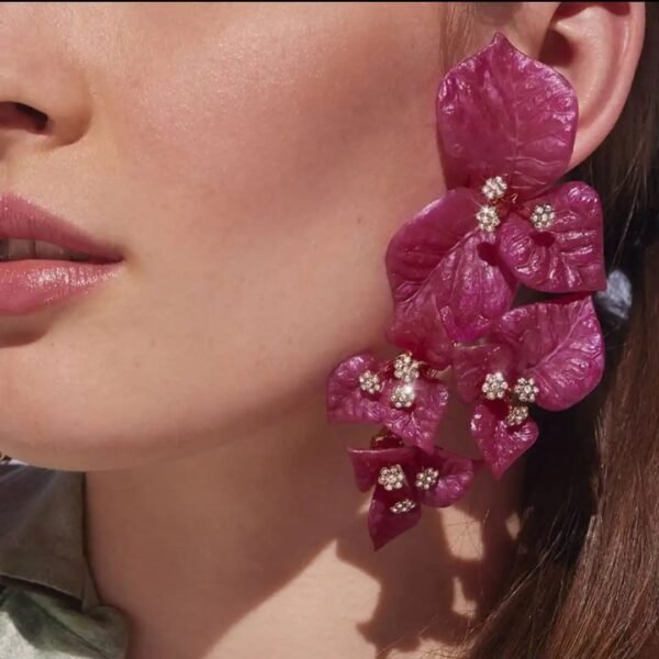 Bling On® Handmade Bougainvillea Bloom Statement Earrings – Premium Floral Resin & Crystal Cluster Luxury Earrings for Women