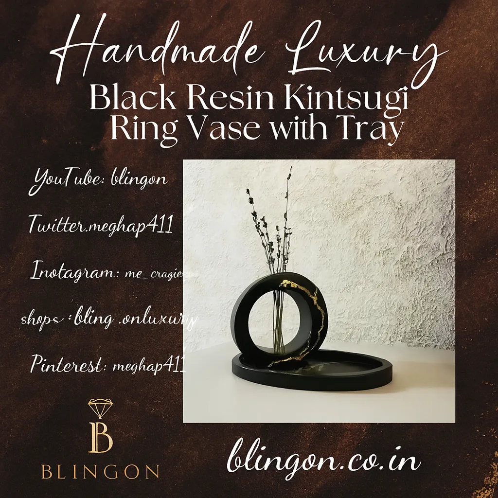 🖤 Handmade Luxury Black Resin Kintsugi Ring Vase with Tray • Bling On-