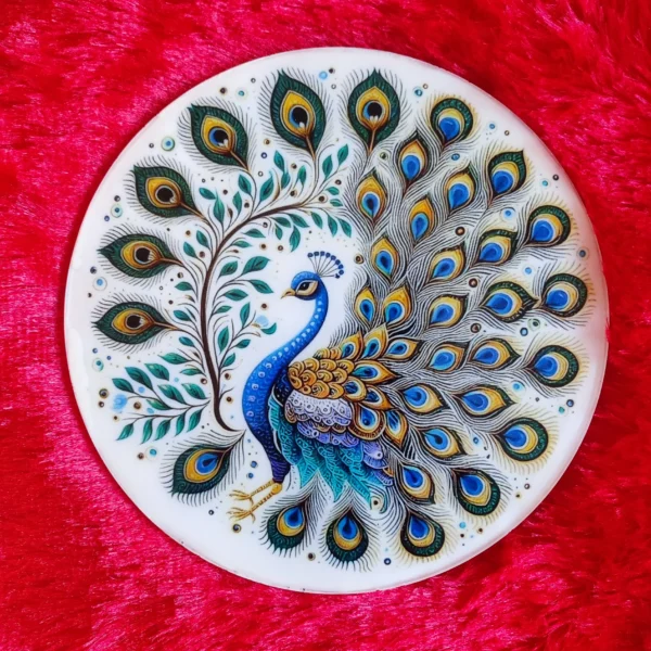 Peacock Pattern Printed Coaster – Resin Gloss Finish, Royal Blue & Teal Feathers 🦚✨ Premium Indian Peacock Decor (1)