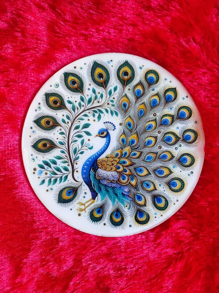 Peacock Pattern Printed Coaster – Resin Gloss Finish, Royal Blue & Teal Feathers 🦚✨ Premium Indian Peacock Decor (1)