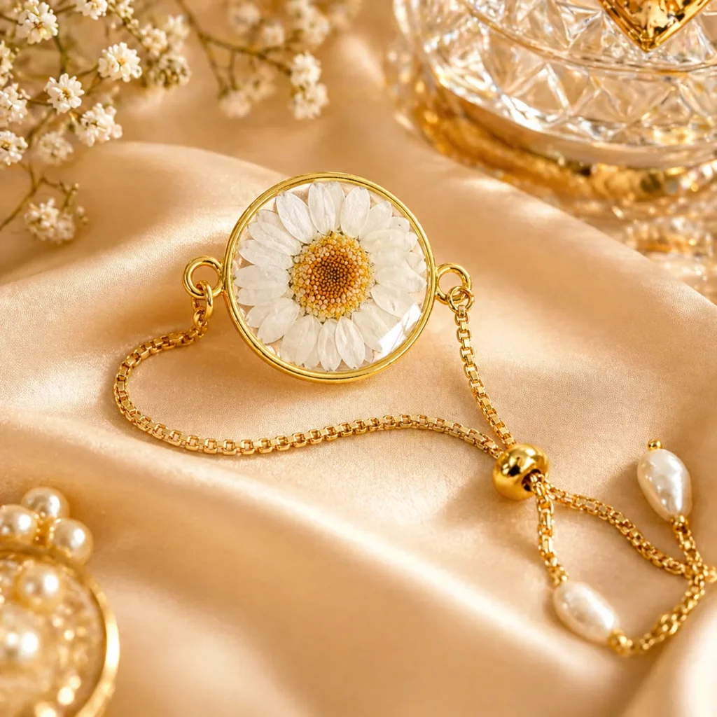 Gold bracelet with a circular glass pendant housing a white daisy, laid on champagne satin fabric.