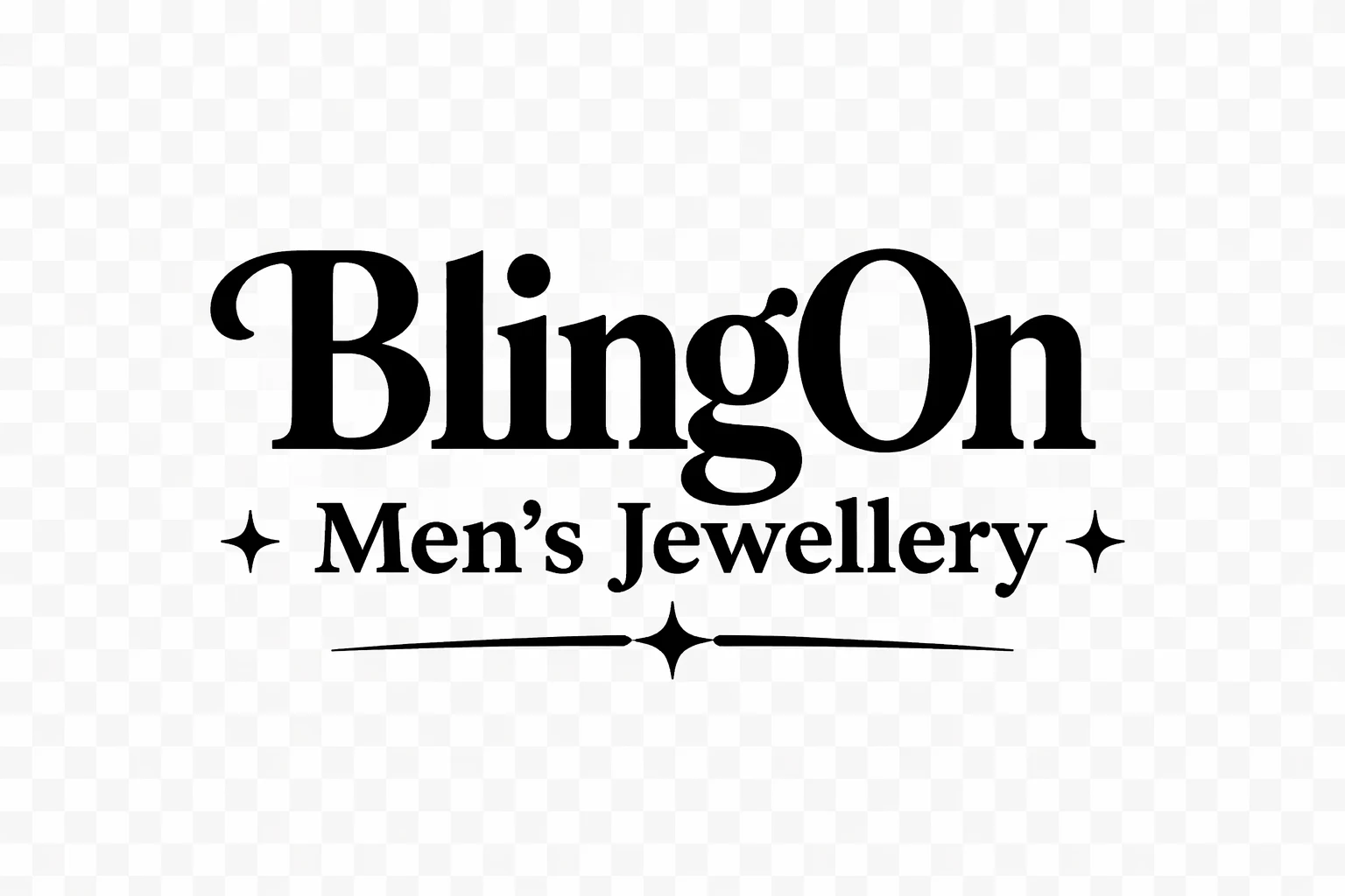 Logo Reading blingon Mens Jewellery in a Bold Serif Font with Decorative Stars and a Curved Line Motif Beneath  Bling On
