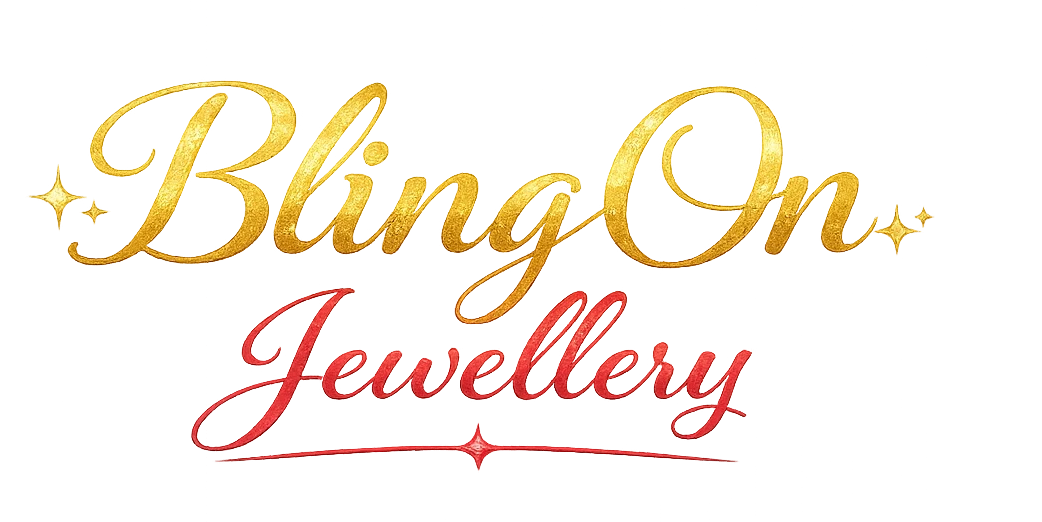 Brand logo for Bling On Jewellery with gold cursive 'Bling On' above red cursive 'Jewellery' and star sparkles on a gradient background.