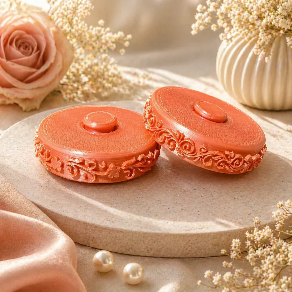 Two red circular lacquer boxes with intricate floral scrollwork sit on a beige stone pedestal beside a pink rose and dried blooms, creating a decorative display.