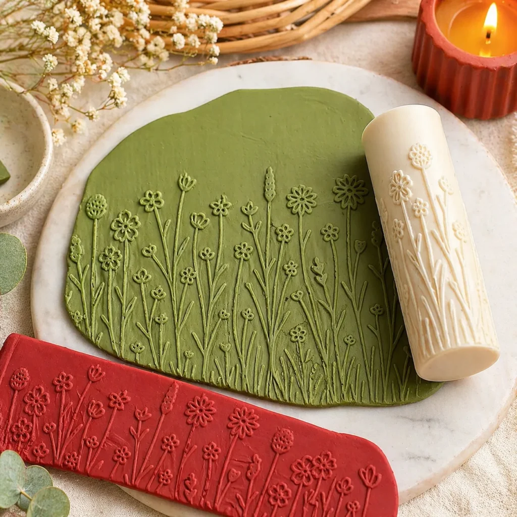 Floral clay stamp set with a green clay disc showing raised flower stems; white embossing roller beside it and a red floral stamp nearby, in a craft setup with a candle and dried flowers.
