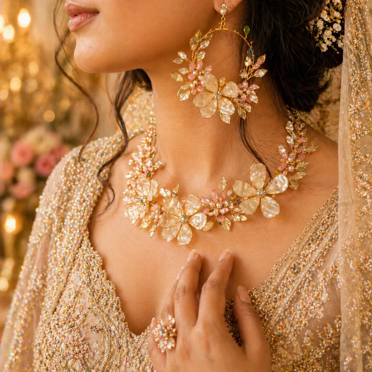 Close-up of a bride wearing a gold floral necklace and matching hoop earrings with pink and pearl accents, in a beaded bridal outfit.
