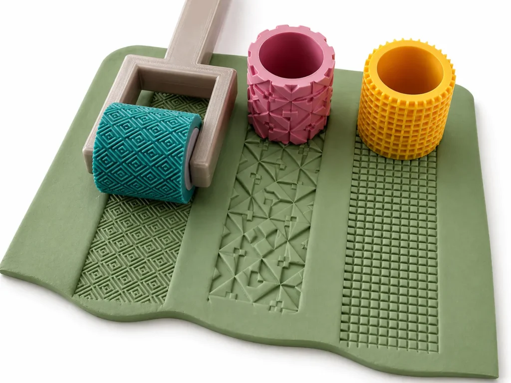 Colorful dough roller and stamp set on green textured mats for shaping clay or play dough.